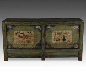 An unusual green and blue lacquered Chinese cabinet