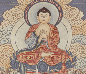 Detail from a silk Thangka depicting the Buddha gesturing the Dharmachakra mudra