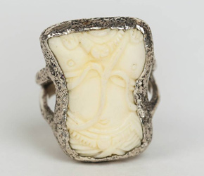 Silver and bone ring with Indra motif from Bali, Indonesia