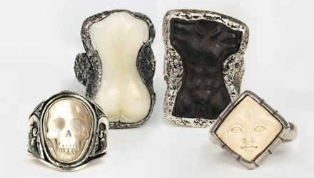 Select collection of silver and bone rings with Moon, Skull, Female and Male Torso motifs from Bali Indonesia