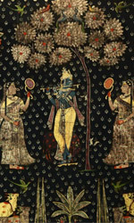 Pichvai depicting Krishna with devotees and nandi, or sacred cows